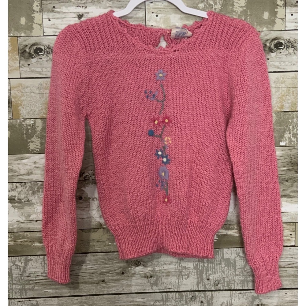 Vintage‎ Cherry Stix Ltd Pink Acrylic Floral Knit Sweater Size S